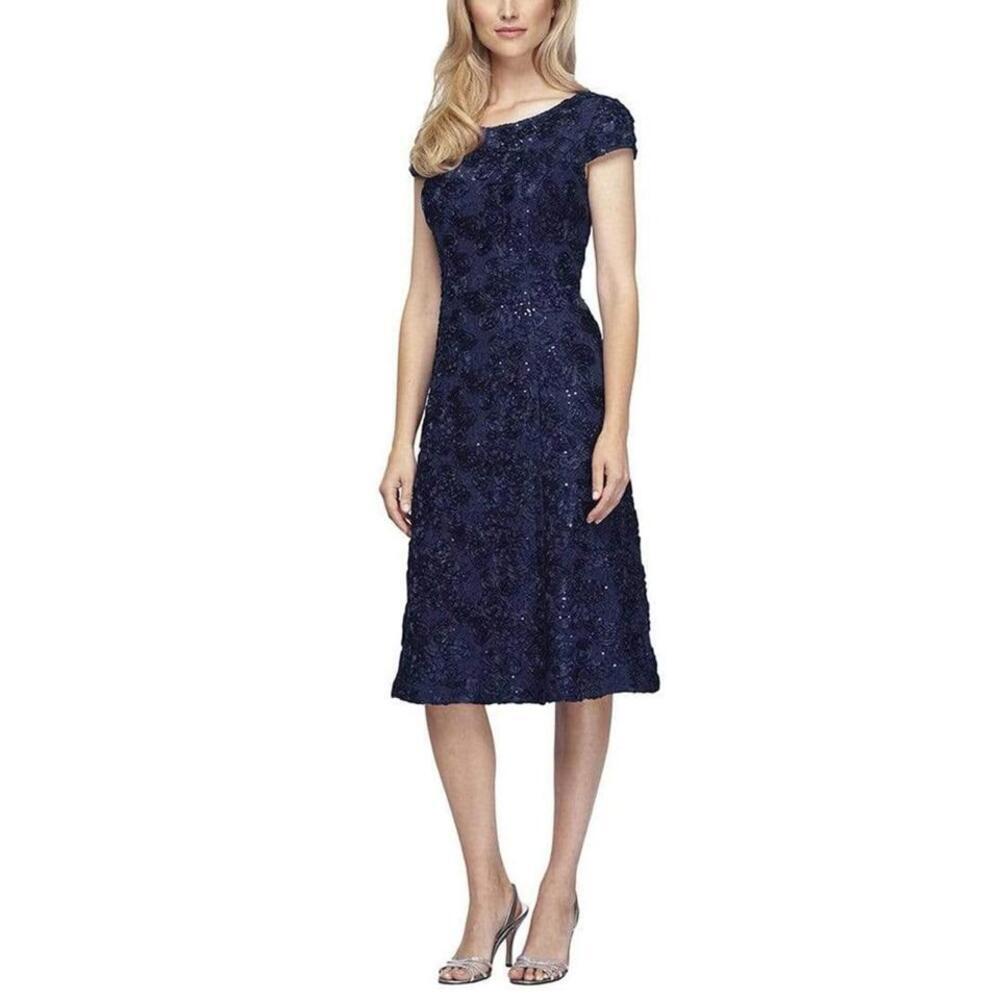Alex Evenings Dress 14 navy blue sequin t-length rosette wedding mother bride